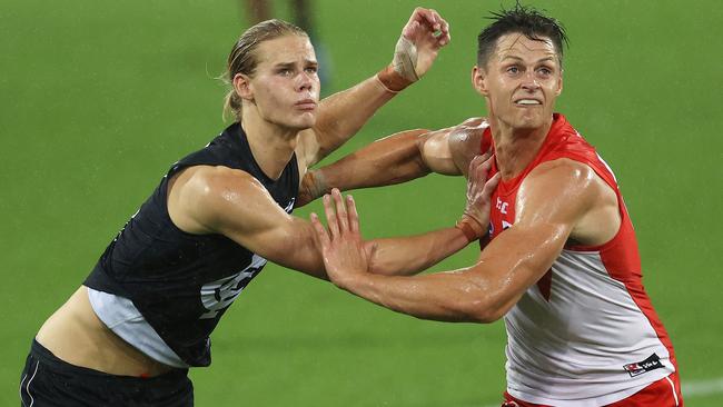 Swans big man Callum Sinclair (right) will miss Sunday’s Community Series game against North Melbourne as he recovers from a concussion. Picture: Michael Klein