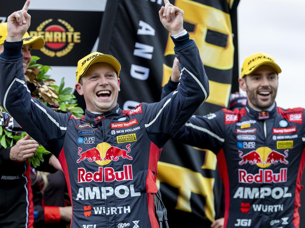 Championship leader Will Brown and co-driver Scott Pye after winning the Sandown 500.