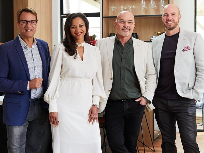 LIOLIA homeowners Sibon and Gerard with hosts Andrew Winter and Neal Whitaker. Picture: Foxtel