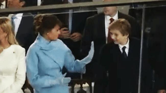 Melania and Barron massacred a high five during Donald Trump’s inauguration. Picture: YouTube