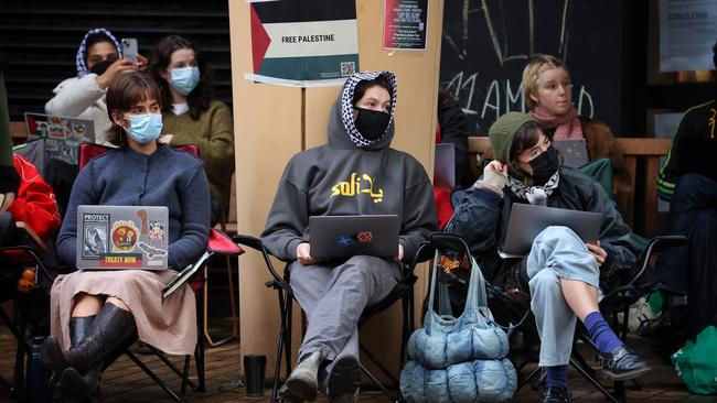 MELBOURNE, MAY 20, 2024: Students and staff at Melbourne University continue to protest for Palestine at the Arts West building. Picture: Mark Stewart