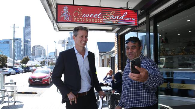 Labor candidate for Parramatta Andrew Charlton out campaigning, talking to locals in Harris Park. Picture: Britta Campion / The Australian