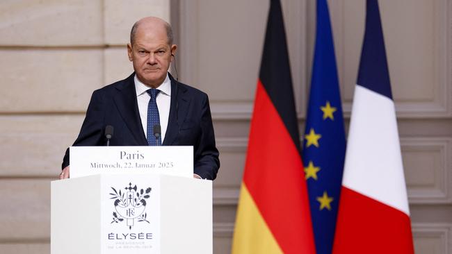 German Chancellor Olaf Scholz has reminded Germans of their responsibility for the ‘civilisational rupture’ of the Holocaust. Above, he speaks after a meeting with France's President in Paris this week. Picture: Mohammed BADRA / POOL / AFP