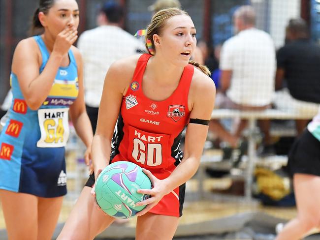 Brisbane North Cougars (red) vs Gold Coast Titans, Netball Sapphire Series, Nissan Arena. Picture: Patrick Woods.