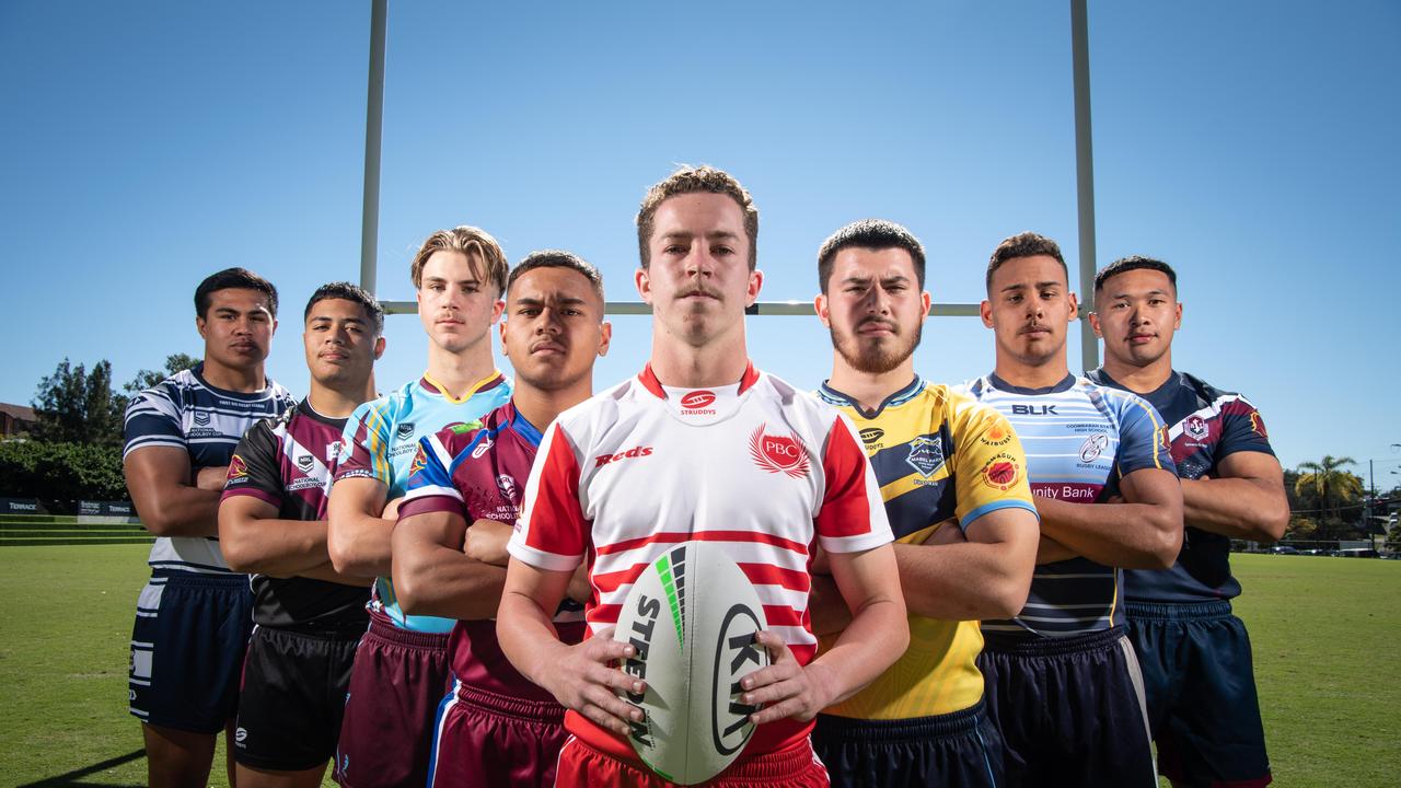 17-05-2021 Launch of the Langer Cup schoolboy competition at the Brisbane Broncos complex in Red Hill. Xavier VaÃa, St MaryÃs college Toowoomba, Chris Faagutu, Marsden SHS, Blake Mozer, Keebra Park SHS, Tyrell Waaka-Rhind, Wavell SHS, Tom Weaver, Palm Beach Currumbin SHS, Mustafa Kaya, Mable Park SHS, Tim Sielaff-Burns, Coombabah SHS and Kulikefu Finefeuiaki, Ipswich SHS. PICTURE: Brad Fleet