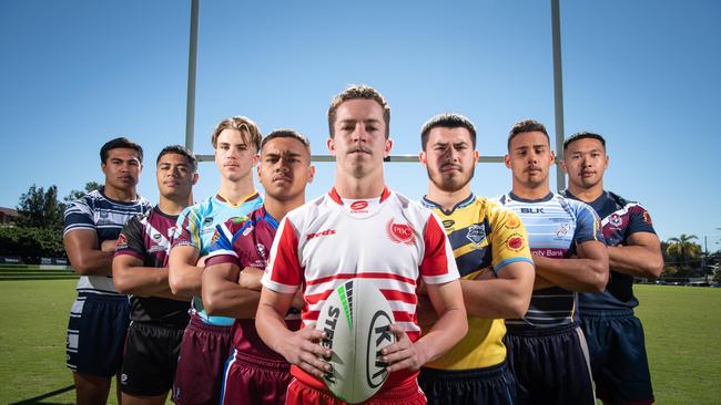 17-05-2021 Launch of the Langer Cup schoolboy competition at the Brisbane Broncos complex in Red Hill. Xavier VaÃa, St MaryÃs college Toowoomba, Chris Faagutu, Marsden SHS, Blake Mozer, Keebra Park SHS, Tyrell Waaka-Rhind, Wavell SHS, Tom Weaver, Palm Beach Currumbin SHS, Mustafa Kaya, Mable Park SHS, Tim Sielaff-Burns, Coombabah SHS and Kulikefu Finefeuiaki, Ipswich SHS. PICTURE: Brad Fleet