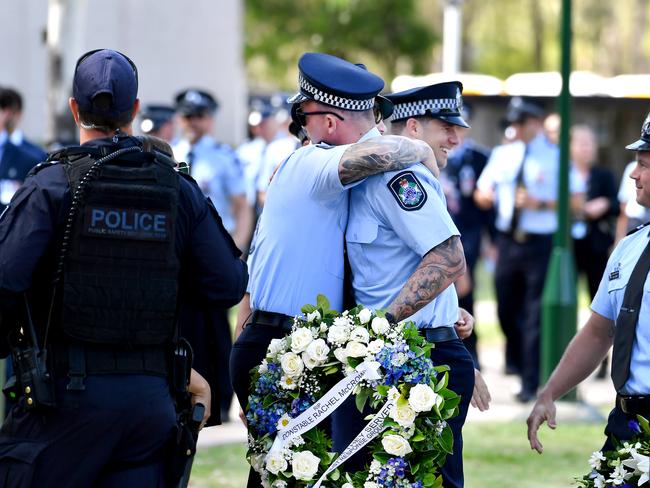 Mourners at the memorial service with full police honours for constables Rachel McCrow and Matthew Arnold at Brisbane Entertainment Centre. Picture: John Gass/NCA NewsWire