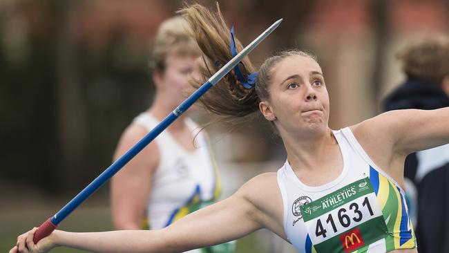 Mingara’s Ashley Pernecker in action during the women’s javelin at the Athletics NSW All Comers meet on January 11. Picture: Troy Snook