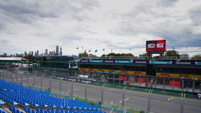 Empty stands... A view of the main straight of the track after the Formula 1 Australian Grand Prix 2020 was cancelled. Picture: AAP