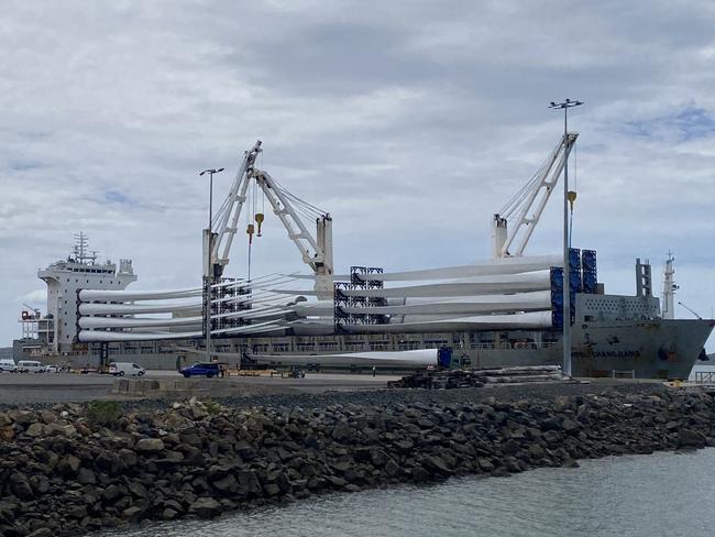 The first wind turbines have arrived at Gladstone Harbour ahead of their transport through the city on their way to the Clarke Creek Wind and Solar Farm project northwest of Rockhampton. Picture: Nilsson Jones