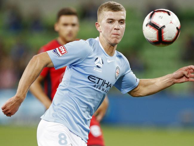 Riley McGree of Melbourne City is seen during the Round 18 A-League match between Melbourne City and Adelaide United at AAMI Park in Melbourne, Saturday, February 9, 2019. (AAP Image/Daniel Pockett) NO ARCHIVING, EDITORIAL USE ONLY