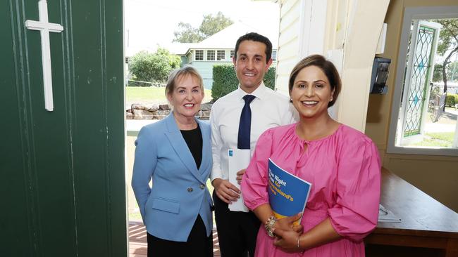 Opposition health and ambulance services spokeswoman Ross Bates, Leader of the Opposition David Crisafulli and LNP candidate for Mansfield Pinky Singh during a media conference announcing a Better Health More Services plan at a chapel/community hall in Mt Gravatt. Picture: Liam Kidston.