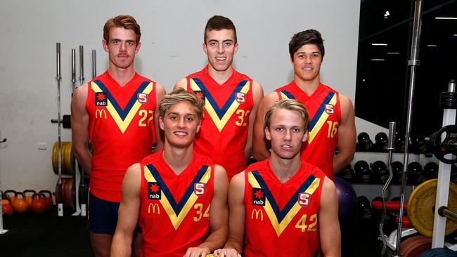 Tom Lewis (back right) as part of the SA under-18 leadership group in 2018 with Jackson Hately (front left), Jack Lukosius, Jez McLennan and Luke Valente. Picture: Deb Curtis