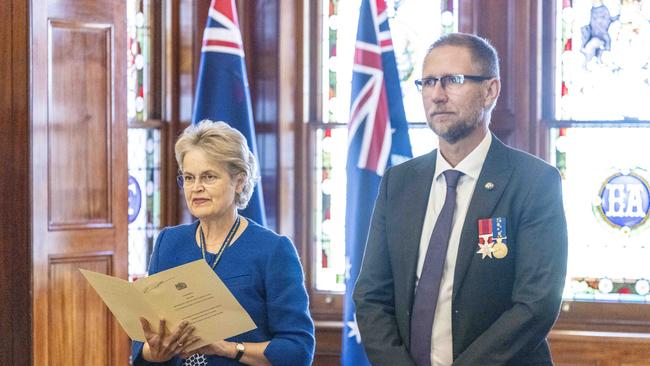 Governor Frances Adamson presides over the swearing-in of Dr Richard Harris as Lieutenant Governor of South Australia. Picture: Kelly Barnes