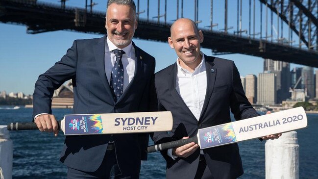 SYDNEY, AUSTRALIA - JULY 23: New South Wales Minister for Sport John Sidoti MP and ICC T20 World Cup 2020 Local Organising Committee CEO, Nick Hockley pose after the announcement of ticket prices for ICC men’s T20 World Cup 2020 in Australia at Luna Park on July 23, 2019 in Sydney, Australia. (Photo by Mark Kolbe/Getty Images)