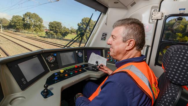 Train driver Mark Gregory testing the newly electrified Gawler line. Picture: Brenton Edwards