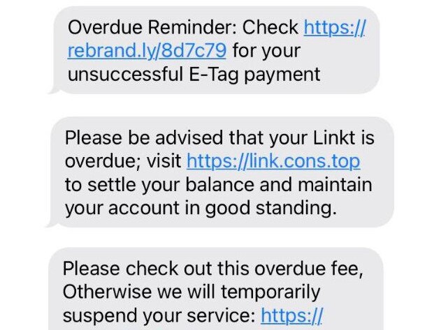 Overdue toll scams are a popular text scam that encourages victims to pay on a website impersonating Linkt. Picture: Supplied.