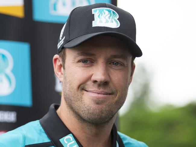 New Brisbane Heat Import AB De Villiers talks to media after touching down in Brisbane ready to take on the BBL. Photo Lachie Millard