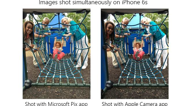 A side-by-side comparison of Microsoft's Pix app versus the native Apple iPhone camera.