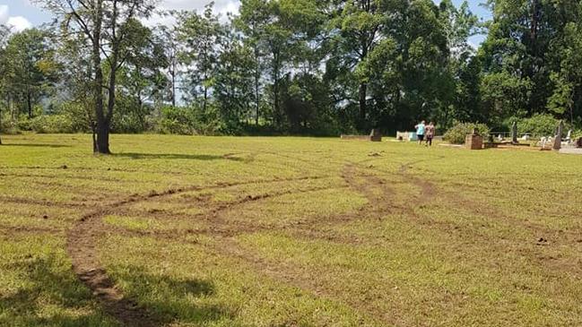 Tyre marks left as the Glenreagh cemetary was vandalised.