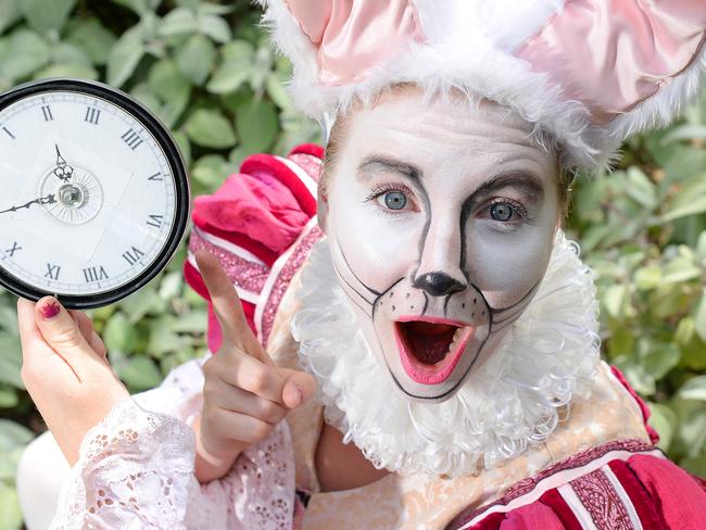 Sarah Spaven is the White Rabbit in a production of Alice in Wonderland. Royal Botanical Gardens, Melbourne. Photo: Josie Hayden