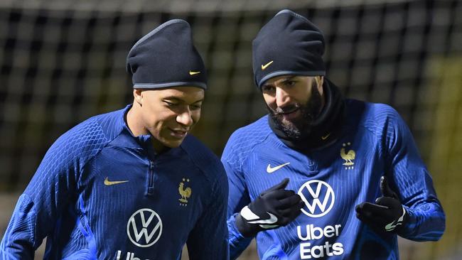 France’s Karim Benzema (R) comes into the World Cup under an injury cloud. Picture: AFP