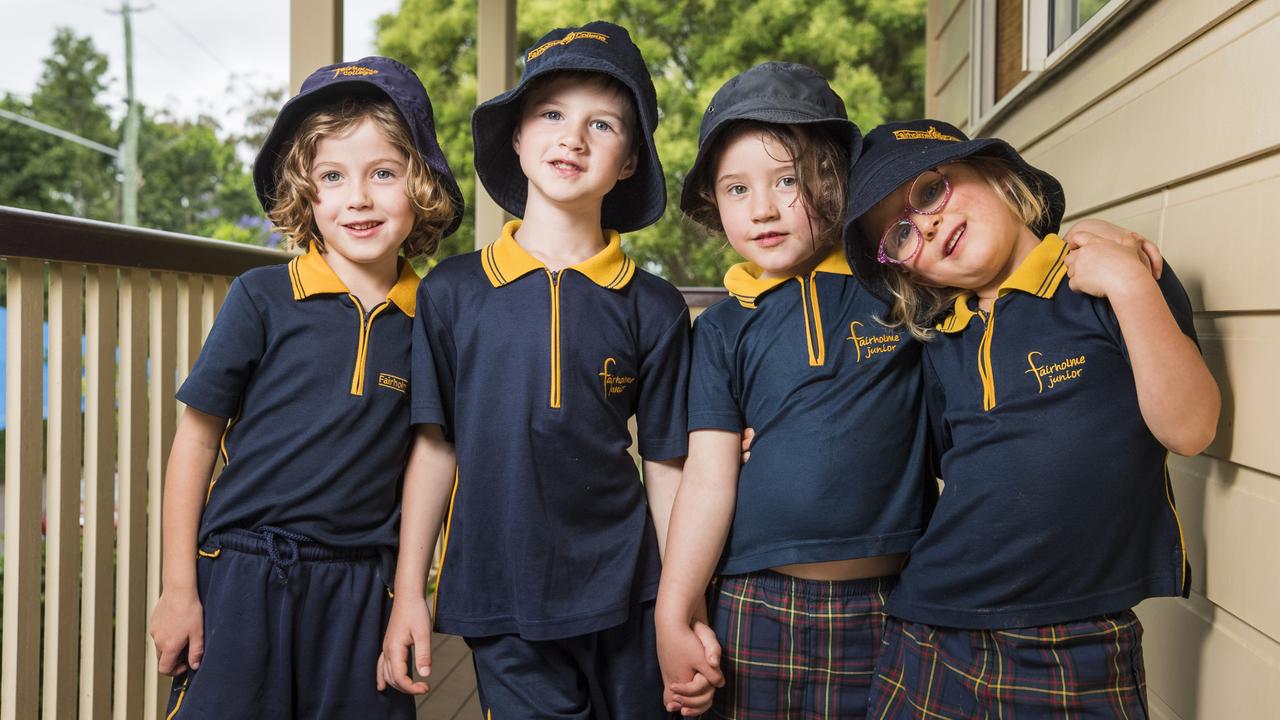 Fairholme College kindy students (from left) Arthur McCormick, Rory Pihl, Ella Murry and Nell Paynter celebrate the end of their kindy years, Monday, November 22, 2021. Picture: Kevin Farmer