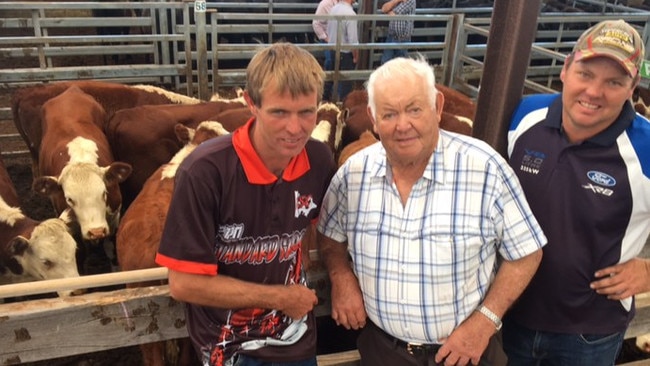 Robin, Bob and Sam Rundell from Breakaway Creek with their pen of 36 Hereford heifers at the final Hamilton sale for the week. Picture: Jenny Kelly