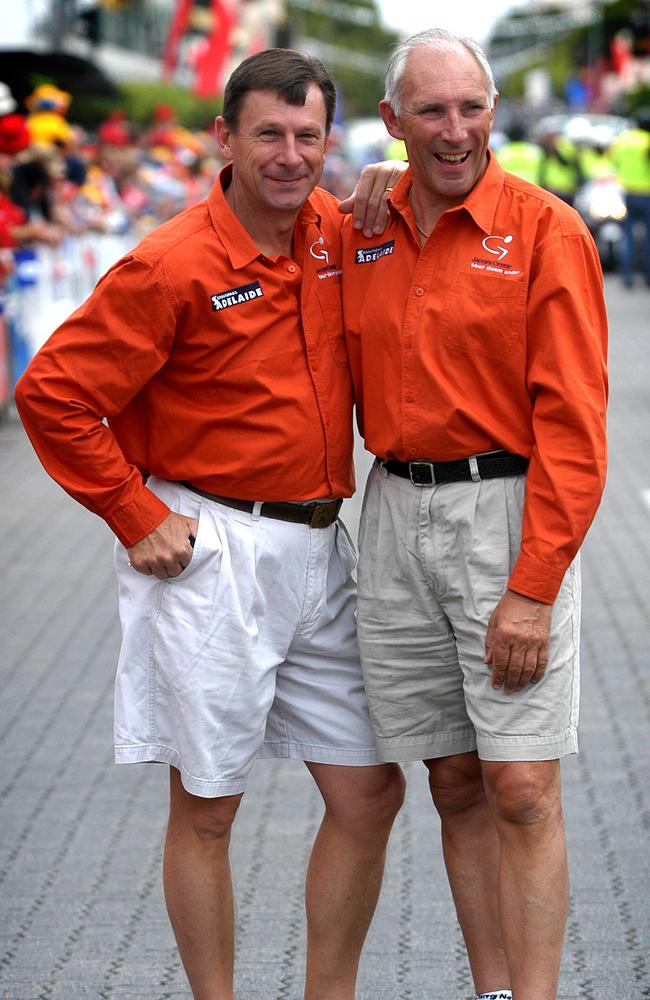 Cycling commentators Paul Sherwen with Phil Liggett at start of 4th stage of the Tour Down Under in 2005.