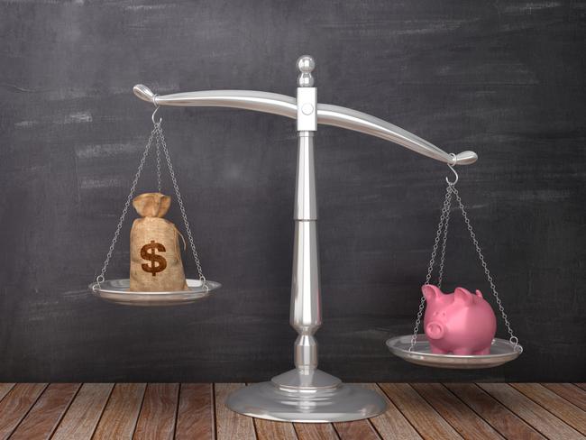 Scales of Justice with Piggy Bank and Dollar Sack on Wood Floor - Chalkboard Background - 3D Rendering