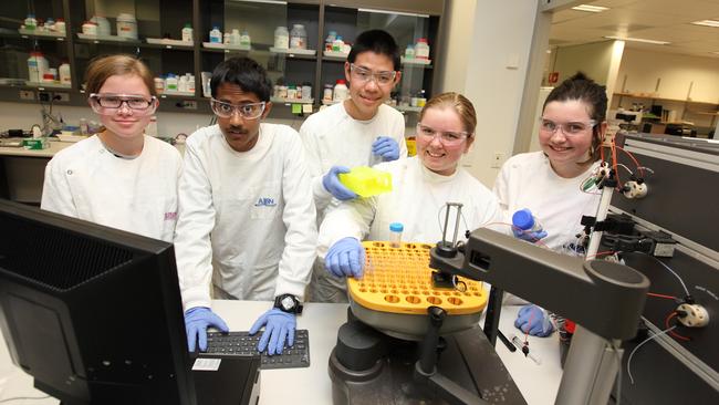 QASMT students visit the Australian Institute for Bioengineering and Nanotechnology. (L-R): Laura Boyle, Archie Mukherjee, Jackson Huang, Grace Solas and Madison Phillips.