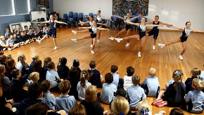 St Brigid's Catholic Primary School Coogee AeroSchools team perform for their classmates. Picture: John Appleyard