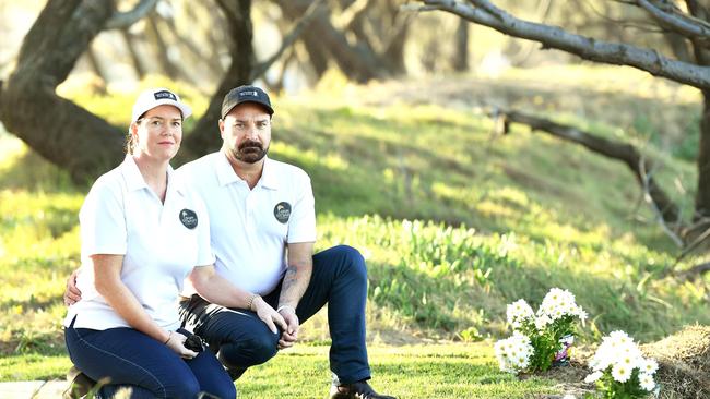 Michael and Kerri-Lyn Stewart want a memorial stone that will be set into the ground next to a chair dedicated to their son Balin Stewart and the Sunshine Coast Council has so far denied them their request. Picture: Patrick Woods.