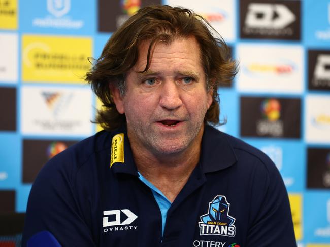 GOLD COAST, AUSTRALIA - MARCH 30: Des Hasler head coach of the Titans speaks to the media during the round four NRL match between Gold Coast Titans and Dolphins at Cbus Super Stadium, on March 30, 2024, in Gold Coast, Australia. (Photo by Chris Hyde/Getty Images)