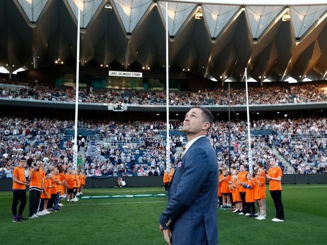 Joel Selwood as his stand is officially opened during the Round 1 match at Geelong. Picture: Michael Willson/AFL Photos via Getty Images.