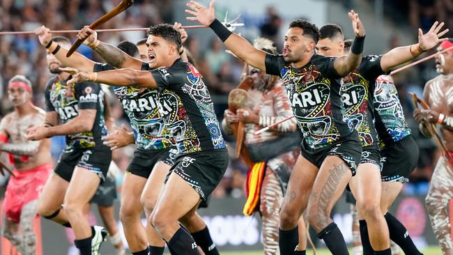 Latrell Mitchell is seen during the Indigenous All Stars war-cry prior to the NRL Indigenous All-Stars vs Maori Kiwis match at CBus Super Stadium on the Gold Coast in February 2020. (AAP Image/Dave Hunt)