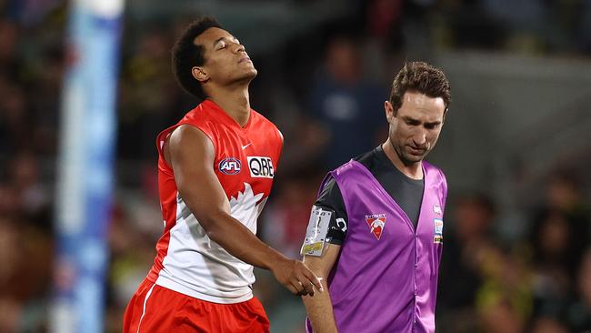 A shattered Joel Amartey came from the field against Richmond on Friday night with another serious hamstring injury. Picture: Michael Klein