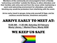 Part of a social media message distributed by a group called Sydney Queer Alerts, calling on people who support the LGBQTIA+ community to rally at the 'Drag Queen Story Time at Manly Library event on February 25 after the group said the event would be targeted by anti queer and anti trans supporters, including neo-Nazis. Picture: Twitter