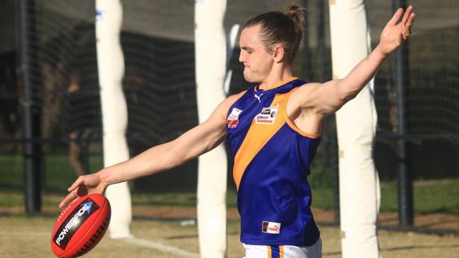 Lilydale player Brandon Droessler kicks the ball in the Eastern Football League (EFL). Picture: Davis Harrigan