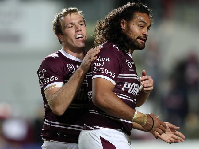 Toafofoa Sipley (R) has extended his time at Manly. Picture: NRL PHOTOS