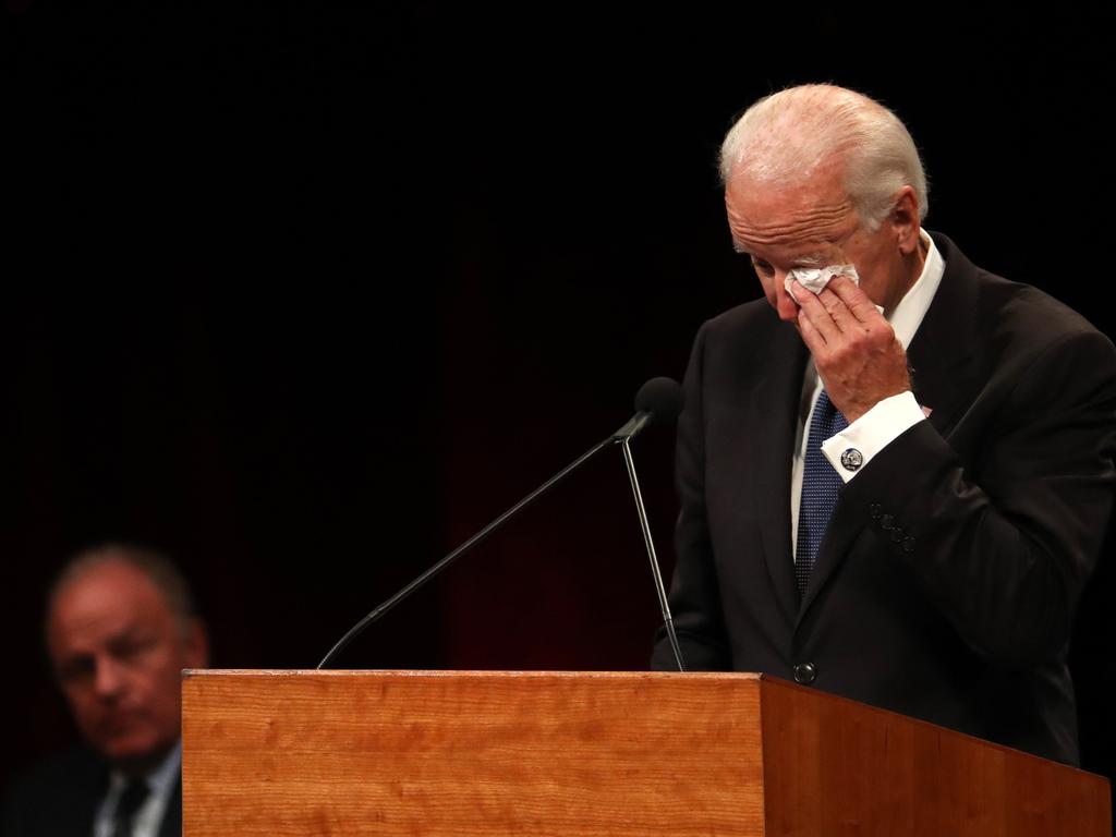 Former US Vice President Joe Biden wipes his eye as he speaks during a memorial service to celebrate the life of US Sen. John McCain. Picture: Justin Sullivan/Getty Images/AFP