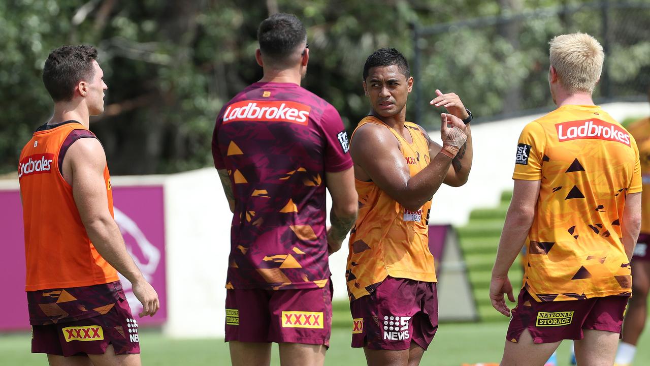 Brodie Croft, Darius Boyd, Anthony Milford, and Tom Dearden at Brisbane Broncos training. Photo: Liam Kidston