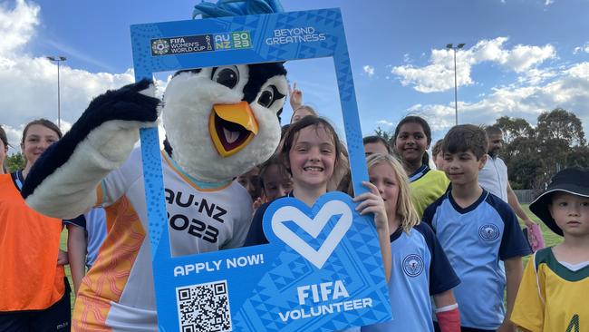 Official FIFA Women’s World Cup 2023 mascot Tazuni in its first Australian physical appearance meeting local Glen Eira junior footballers at the Volunteer Programme launch.