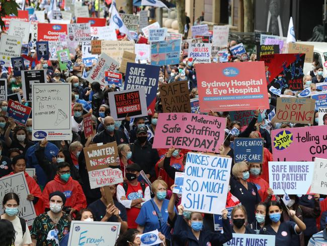 SYDNEY, AUSTRALIA - NewsWire Photos MARCH 31, 2022: Hundreds of Nurses and Midwives walked off the job and Marche to NSW Parliament House to protest work conditions. Picture: NCA NewsWire / David Swift