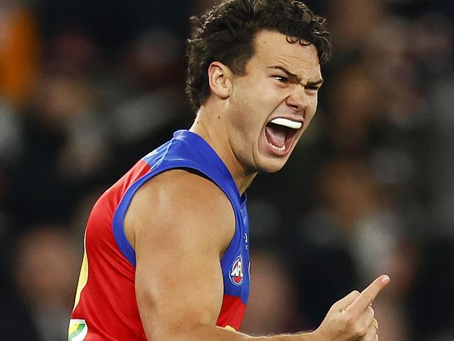 MELBOURNE, AUSTRALIA - AUGUST 12: Cam Rayner of the Lions celebrates kicking a goal during the round 22 AFL match between the St Kilda Saints and the Brisbane Lions at Marvel Stadium on August 12, 2022 in Melbourne, Australia. (Photo by Daniel Pockett/AFL Photos/via Getty Images)