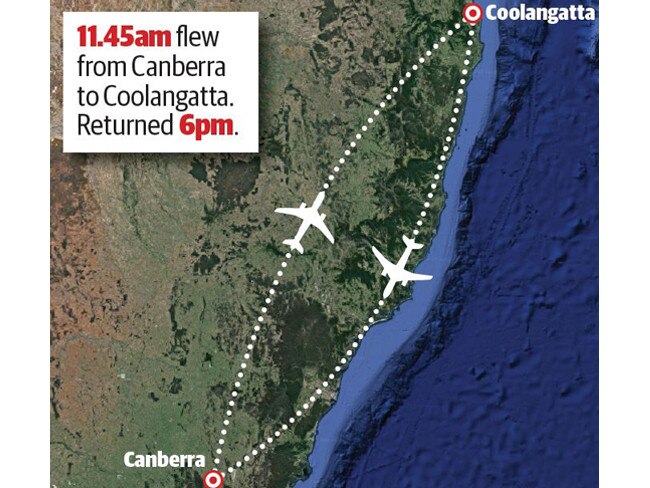 Ms Ley and her adviser departed Canberra on the private plane at 11.45am and returned shortly after 6pm, spending about 3½ hours in the air.