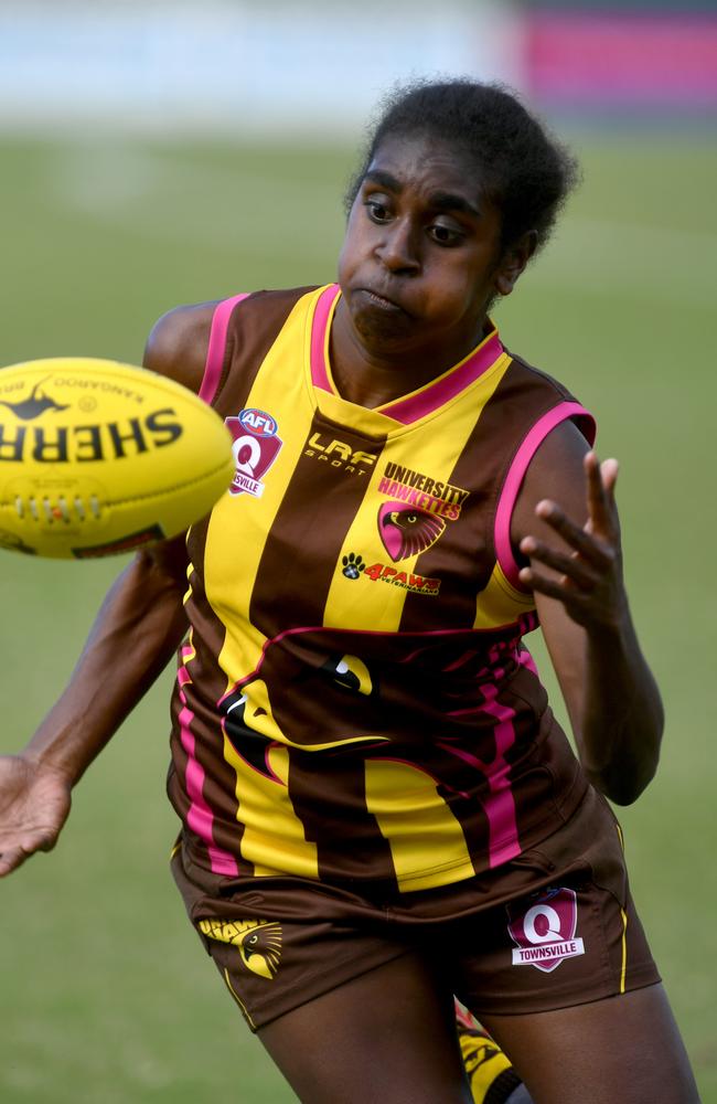 Townsville Women's AFL match between University Hawks and Hermit Park Tigers at Riverway Stadium. Hawks Delma Gisu. Picture: Evan Morgan