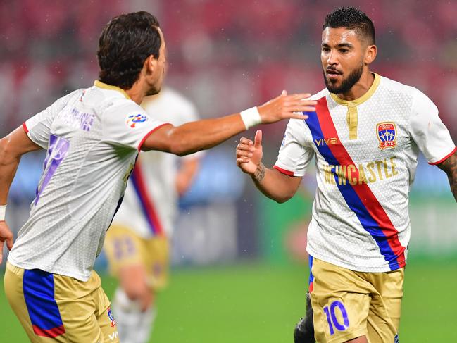 KASHIMA, JAPAN - FEBRUARY 19: Ronald Vargas of Newcastle Jets celebrates after scoring a goal during the AFC Champions League play off between Kashima Antlers and Newcastle Jets at Kashima Soccer Stadium on February 19, 2019 in Kashima, Ibaraki, Japan. (Photo by Atsushi Tomura/Getty Images)