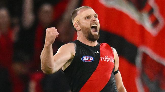 MELBOURNE, AUSTRALIA - MAY 11: Jake Stringer of the Bombers celebrates a goal during the round nine AFL match between Essendon Bombers and Greater Western Sydney Giants at Marvel Stadium, on May 11, 2024, in Melbourne, Australia. (Photo by Morgan Hancock/AFL Photos/via Getty Images)