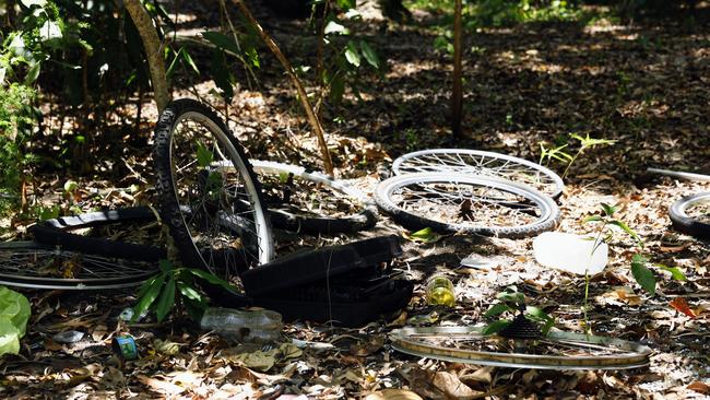 A bicycle graveyard in bushland at Manunda which is bordered by Wilkinson, Fearnley, Anderson and English Streets. Picture: Brendan Radke